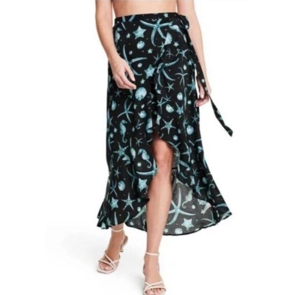 Women's  Deep Sea Print Wrap Skirt Agua Bendita Navy Blue Beach Pool Swim Size L - Picture 1 of 10